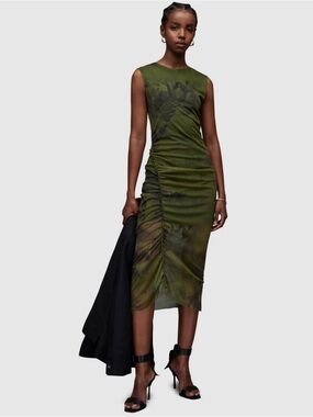 AllSaints Nora Colca Green Horse Ruched Mesh Midi Dress Size 6